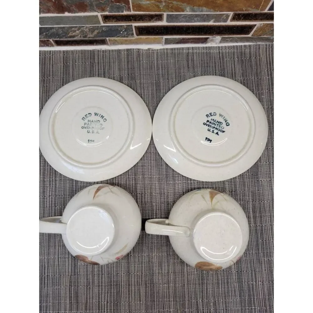 2 Vintage Red Wing Pottery Random Harvest Cup Saucer Sets Mid Century Futura